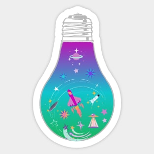 Space ship and planet light bulb - Kawaii Sticker